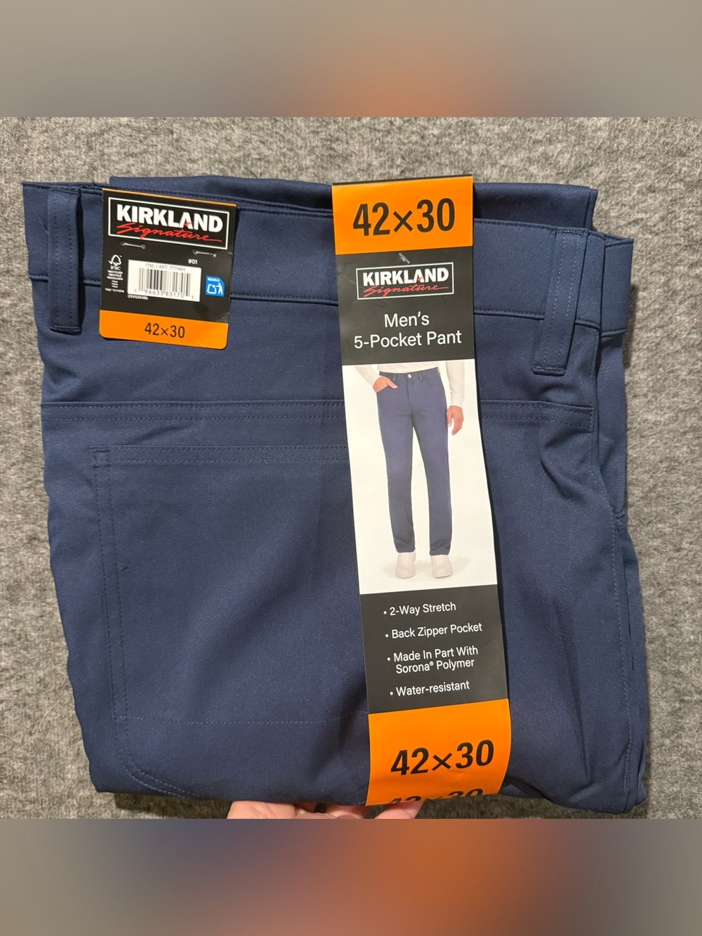 Kirkland Signature 5 Pocket Pants Mens 42x30 Blue Light Stretch Water Resist NWT